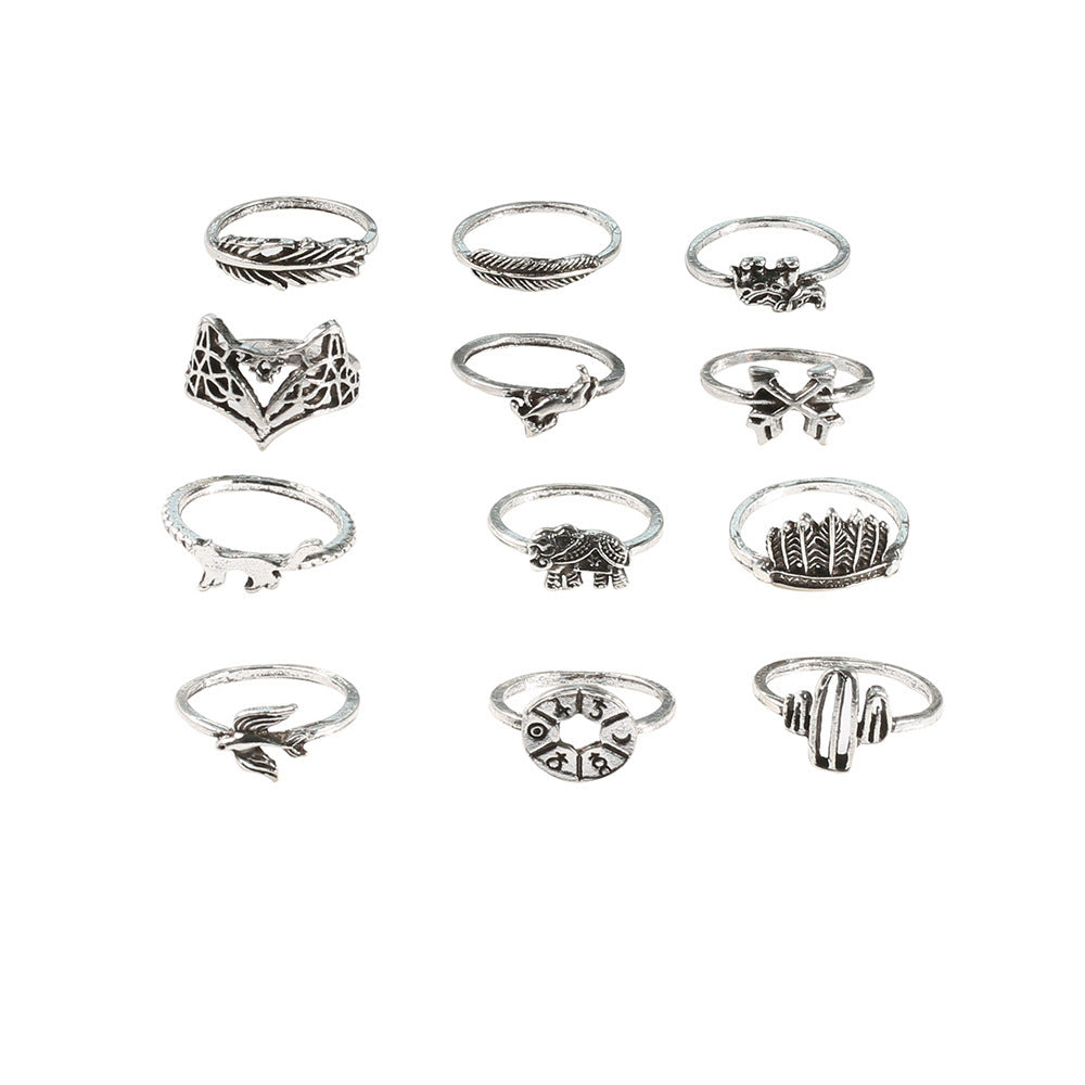 Ensemble d'alliages rétro Leaf Fox Elephant Bague 12 pièces