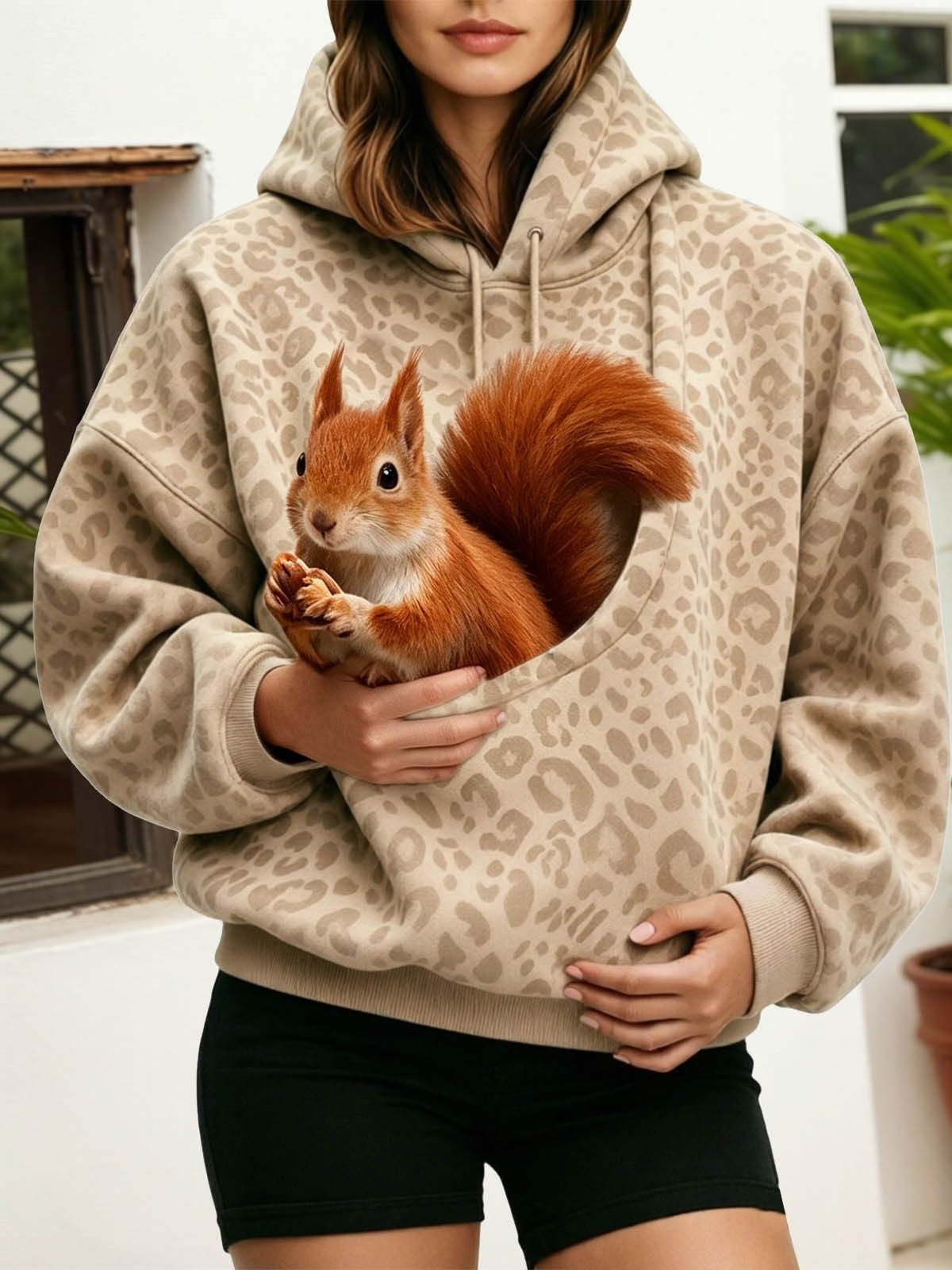 Autumn European and American Leopard Print Pet Hoooded Oversized Drawstring Pu à manches longues