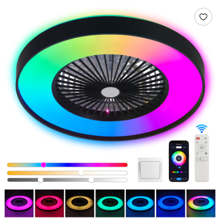 Éventail de plafond noir de 23 pouces avec LED RGB dimmable et changement de couleur