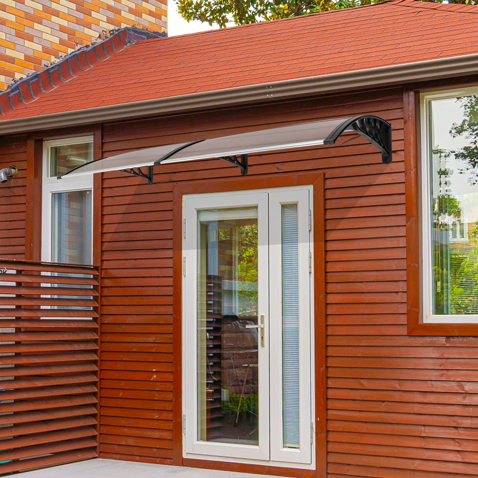 Auvent de porte 80x38in avec panneau en polycarbonate brun et support noir