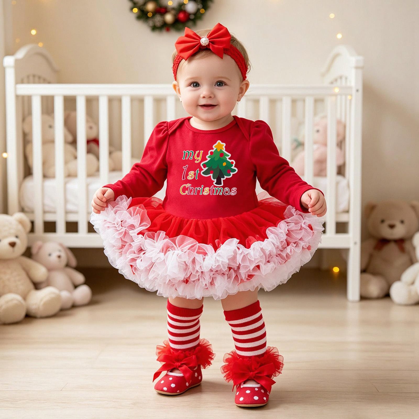 Bébé Noël à manches longues Robe de Romper rouge Tulle Une pièce Ensemble de quatre pièces