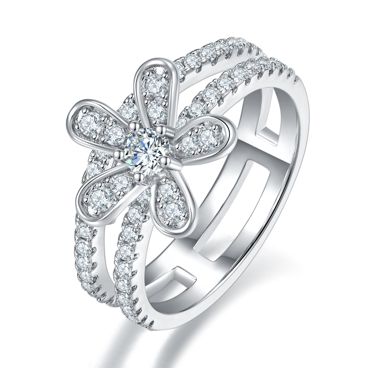 S925 Argent Sterling 3mm Moissanite Fleur Anneau Pave Double Bande D Couleur VVS1 US Taille 5-9