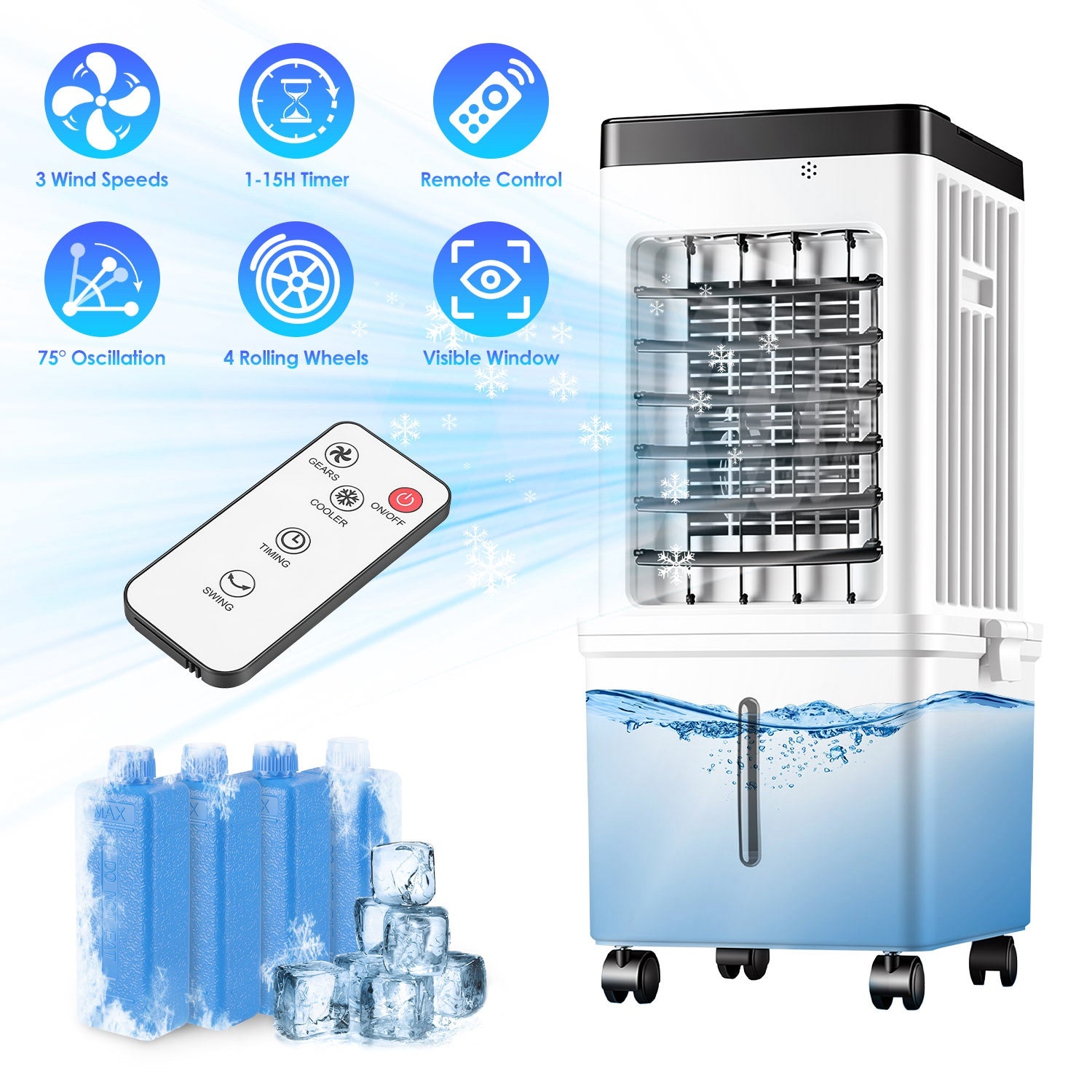 Ventilateur de refroidisseur d'air portable 12L Climatiseur par évaporation avec double touche de réservoir d'eau à 3 vitesses
