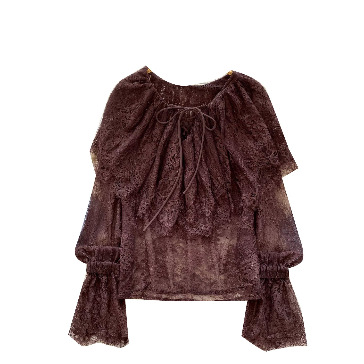 Femmes Dentelle de couleur unie Top avec col rond Dentelle Trim et l'ourlet volant