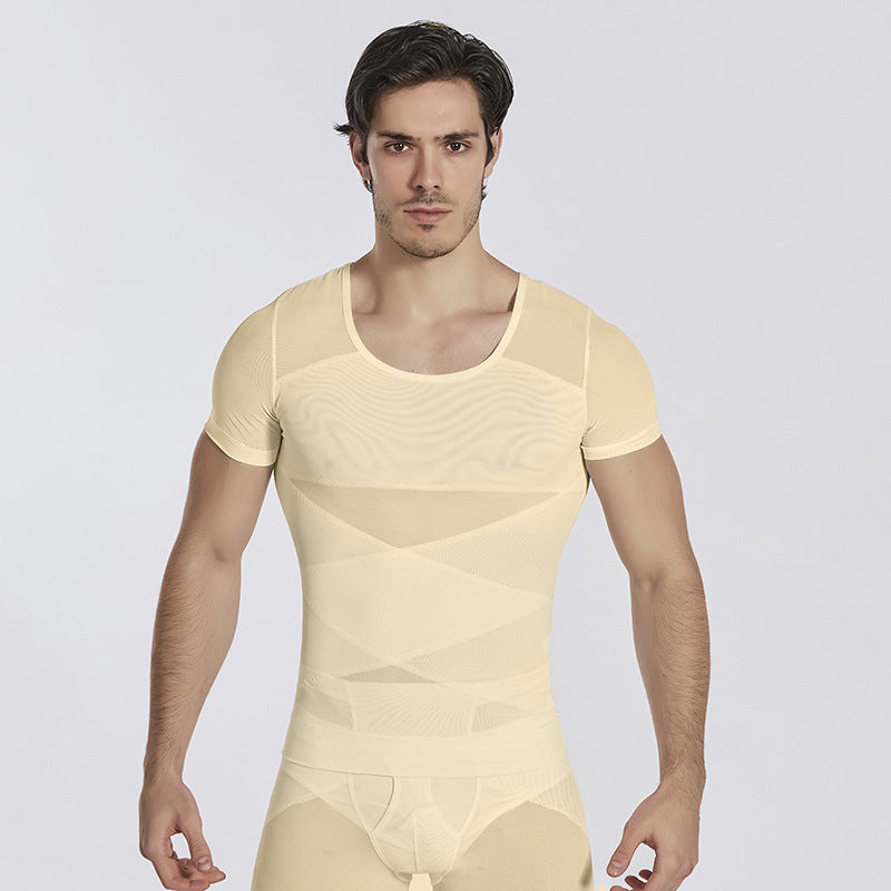 Amazon European and American Men's Shaper Cross Abdominal Shaped Invisible Tunic Short Sle