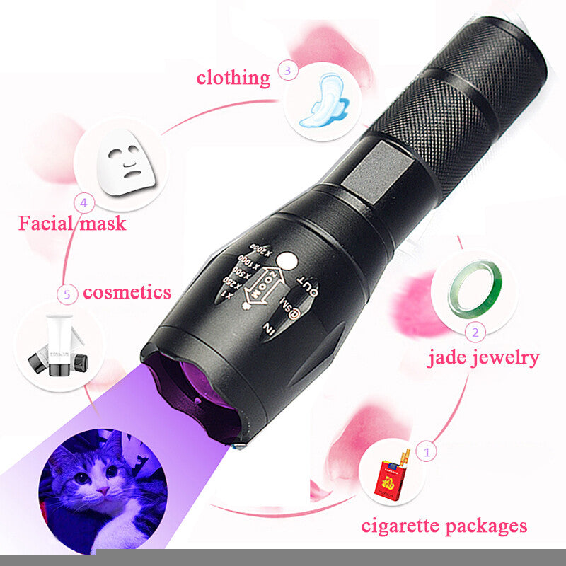 UV Flashlight, Zoomable Ultra Violet Flashlight, LED Blacklight Lamp, Super Bright 250000lm 2 In 1