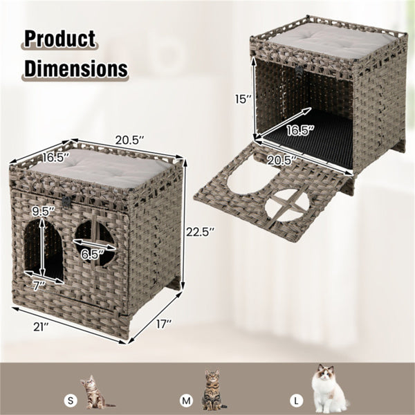 Condo de chat Wicker 2-Tier avec litière - boîte à litière cachée