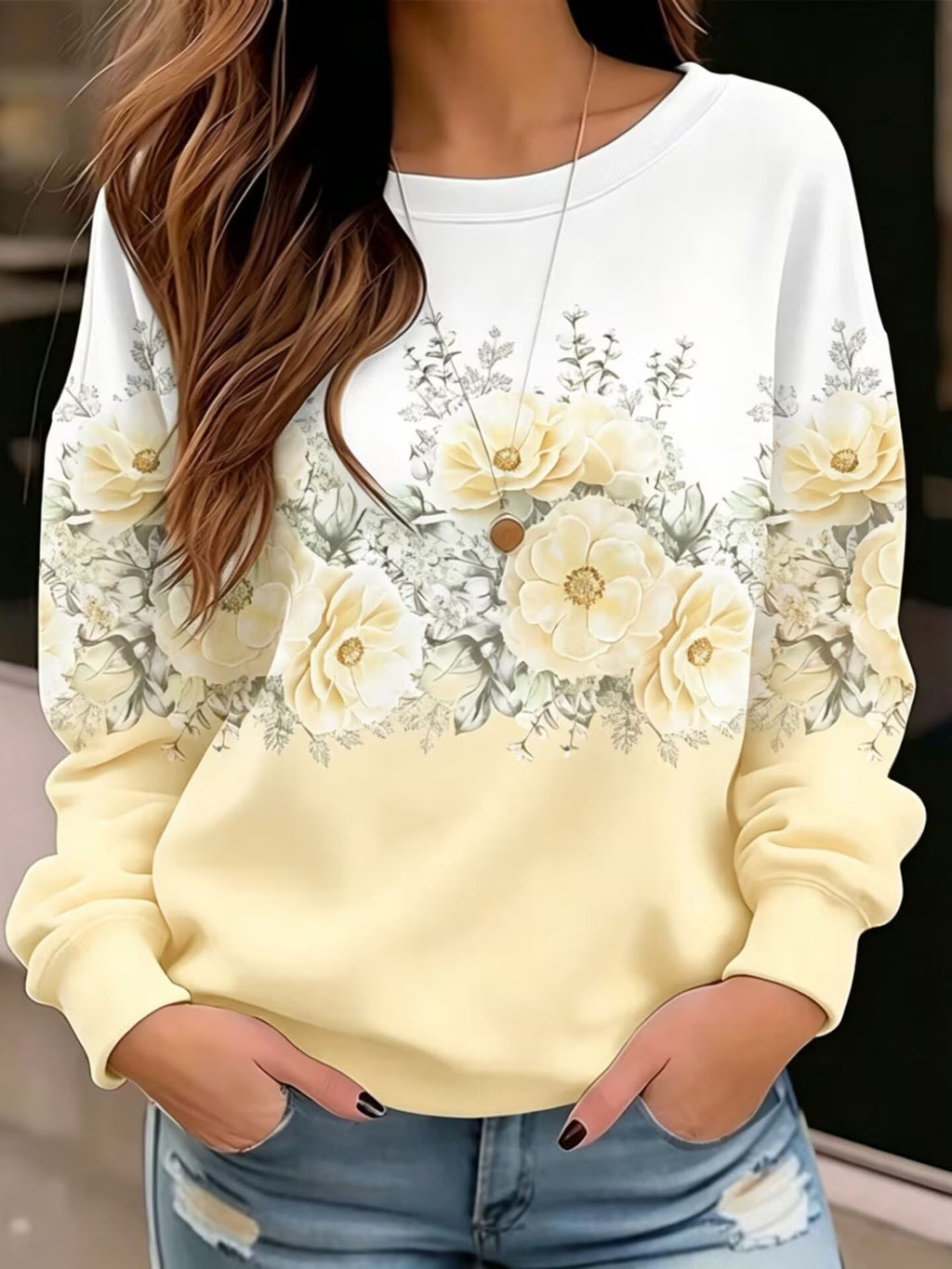 Sweatshirt imprimé floral à col rond pour femme