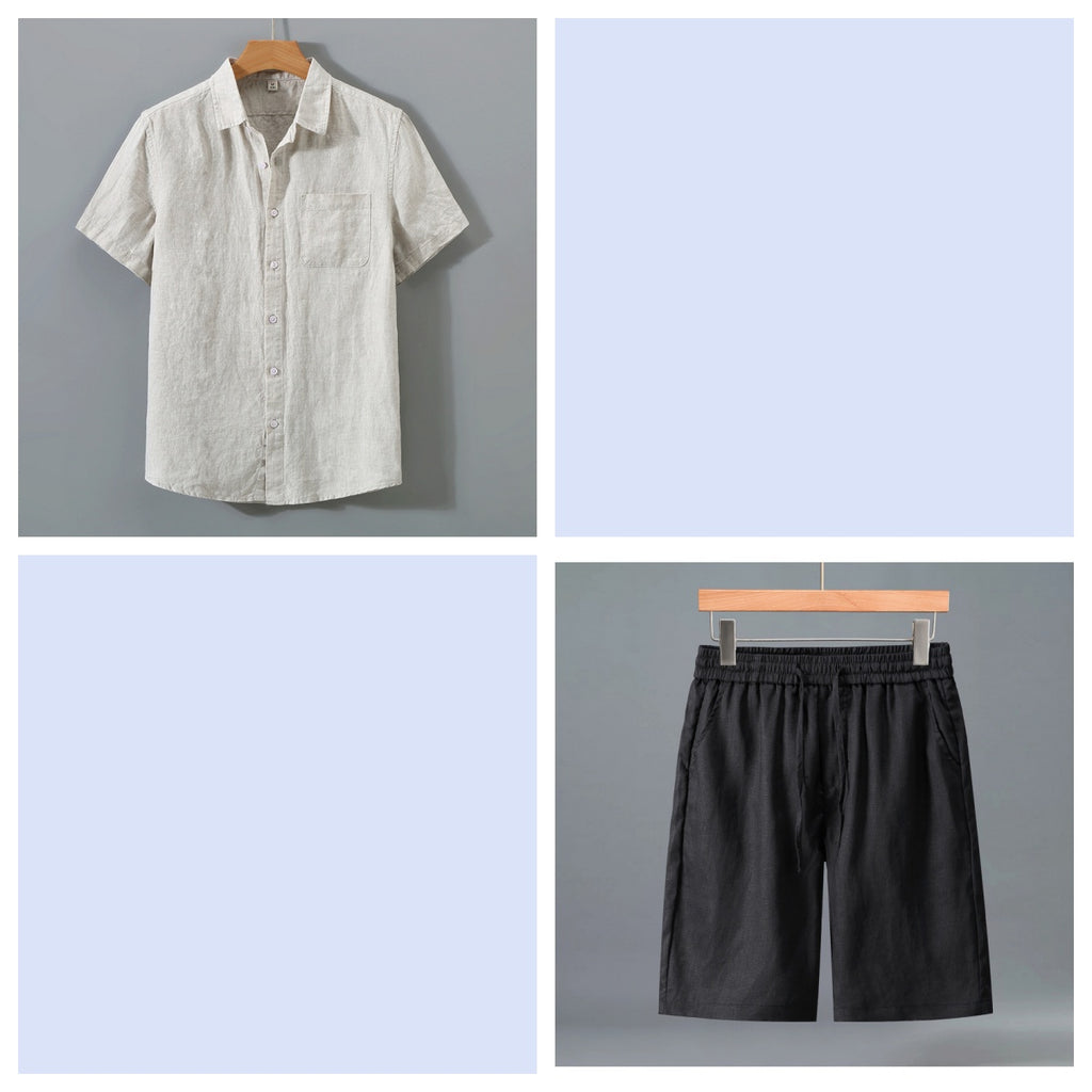 Short en lin pur pour homme et ensemble de chemises à manches courtes - Outfi léger décontracté d'été