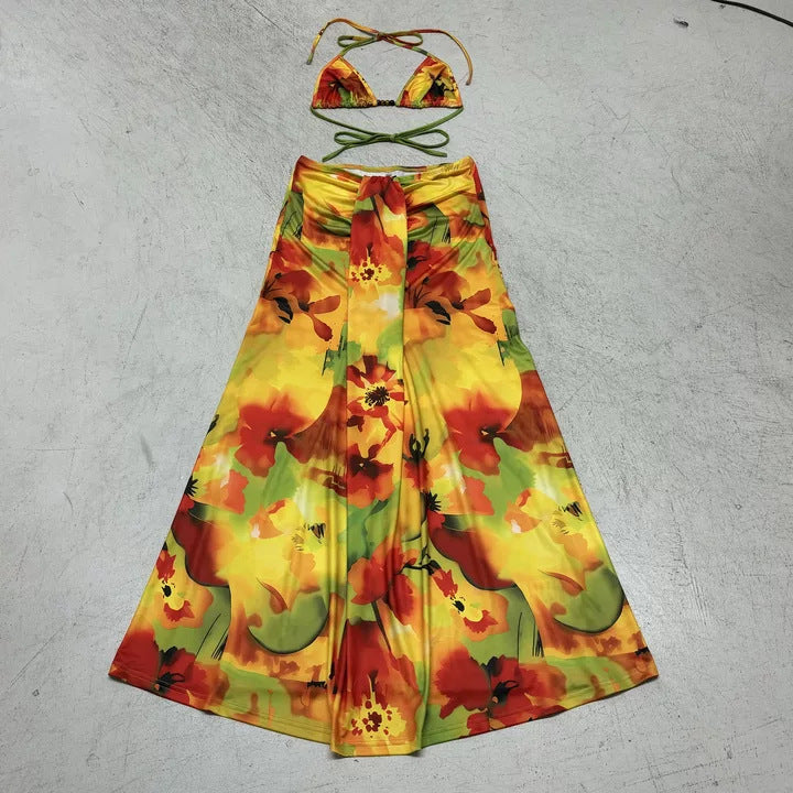 Style européen Floral Print Bikini Set Retro Beach Resort Outfit
