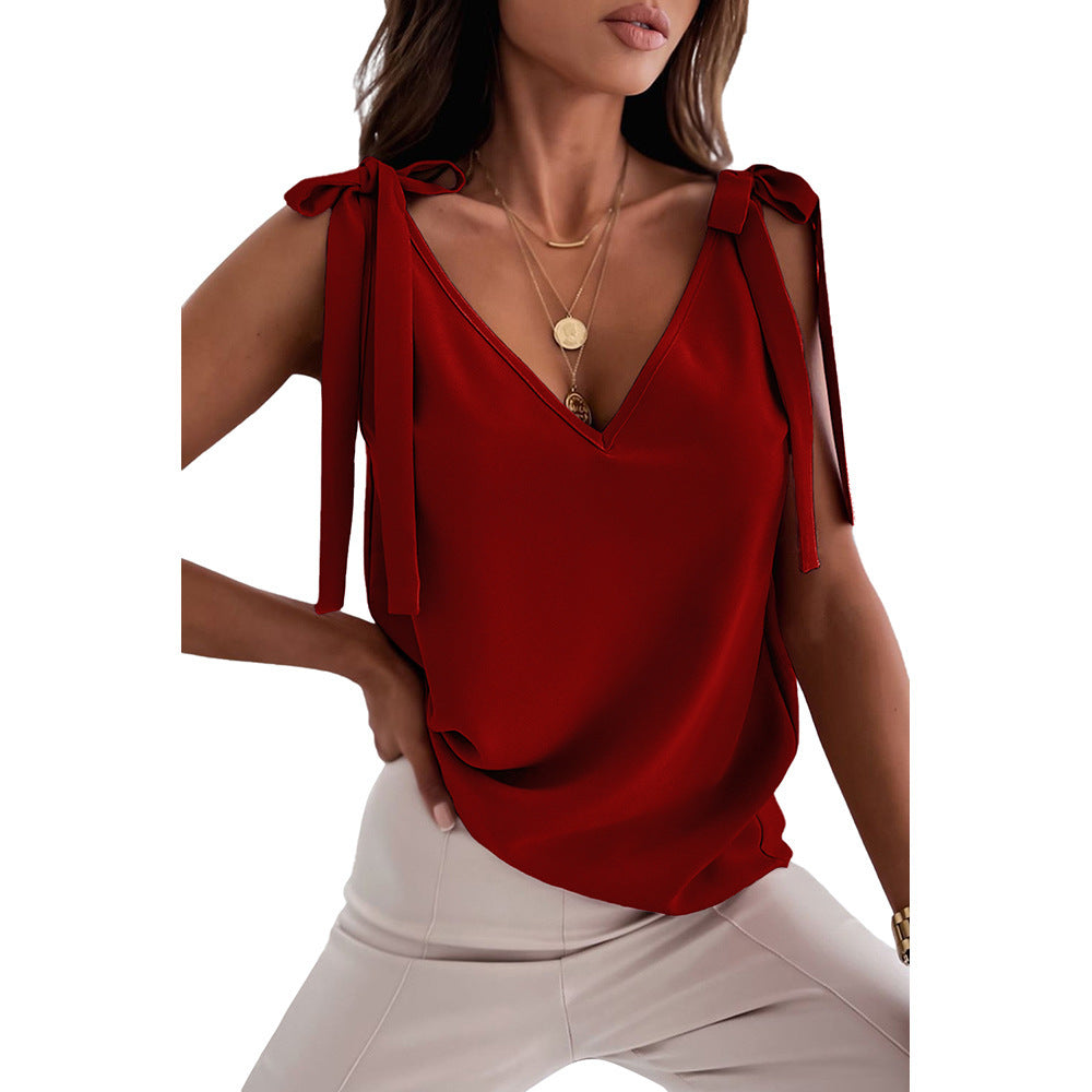 Bowknot Tie Up Camisole Col V chemises Femmes Été sans manches Tank Tops