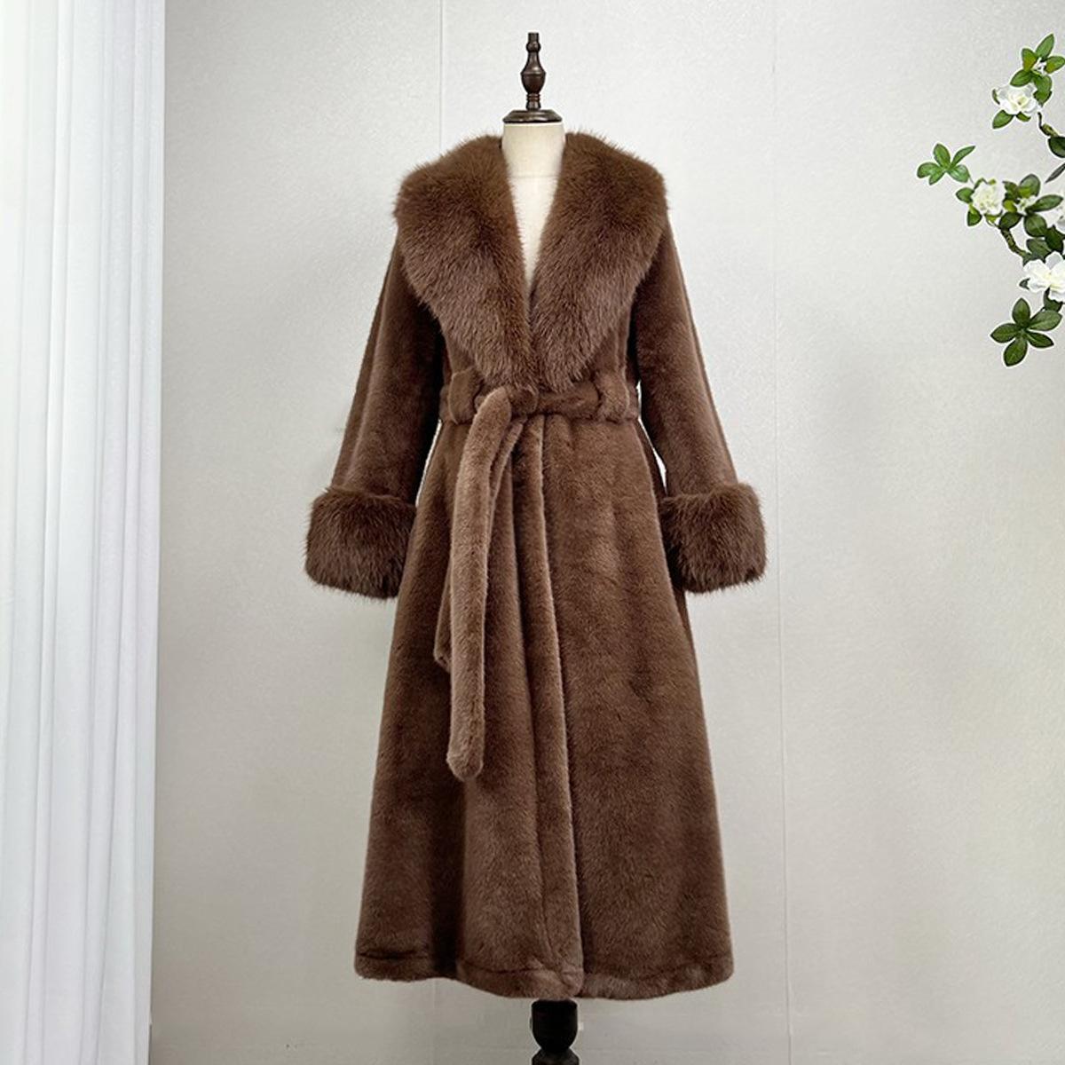 FallHiver Faux Mink Fur-and-cuir Une pièce sur le manche Long Fur Coat