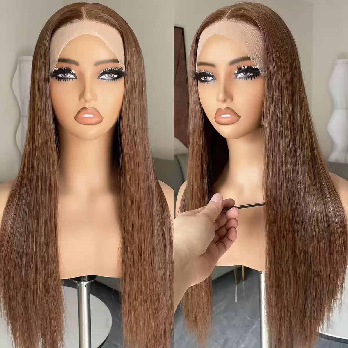 Avant Dentelle Lumière Dorée Long Droite Cheveux Complet Perruque Cap