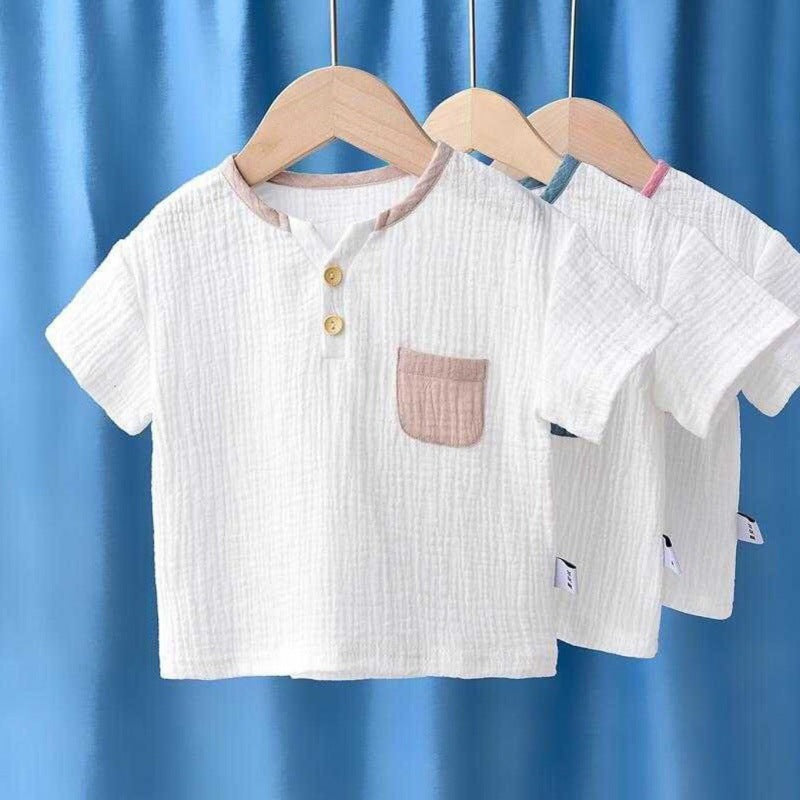 T-shirt en coton à moitié manches respirant et en lin pour enfants