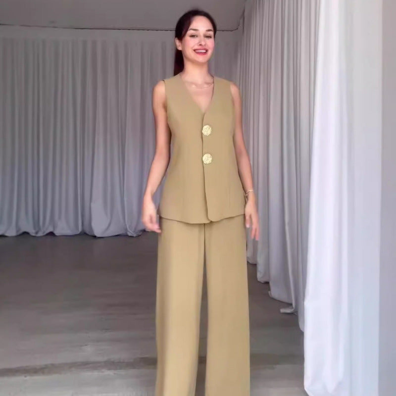 Pantalons sans manches sans col en V, taille haute