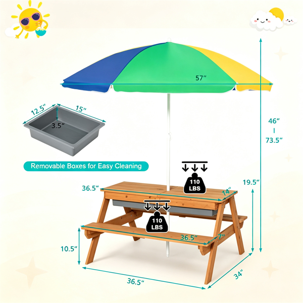 3-en-1 Table de pique-nique pour enfants avec parapluie réglable