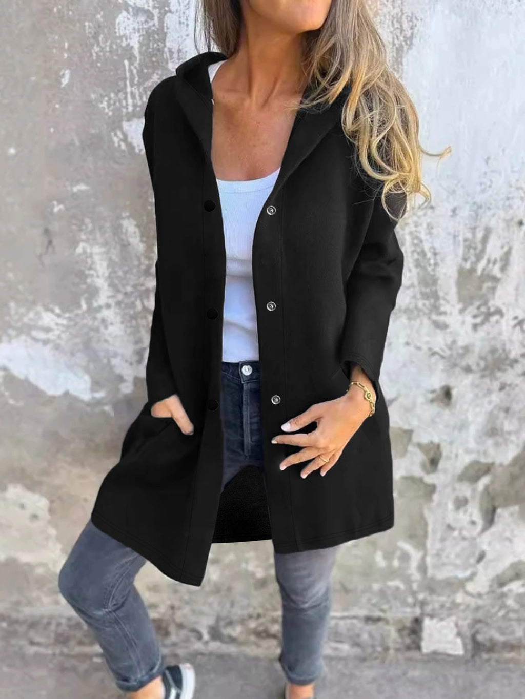 Femmes Bouton à capuche Cardigan à manches longues Loose Mid Longueur Coat Casual Outerwear avec