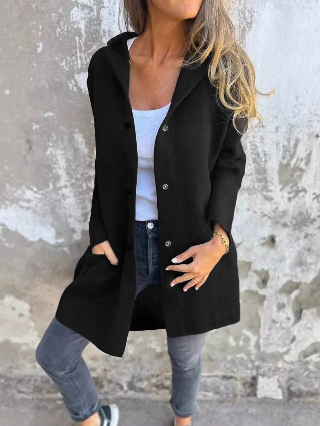 Femmes Bouton à capuche Cardigan à manches longues Loose Mid Longueur Coat Casual Outerwear avec