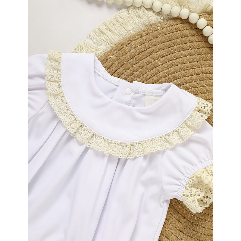 Bébé fille blanc Dentelle Romper doux et élégant manches courtes Bubble combinaison de saut pour la saison de mariage