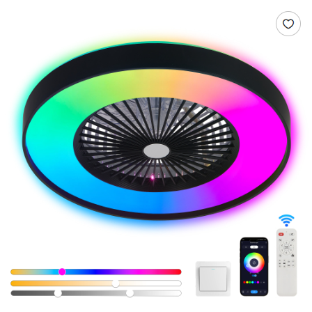 Éventail de plafond noir de 23 pouces avec LED RGB dimmable et changement de couleur