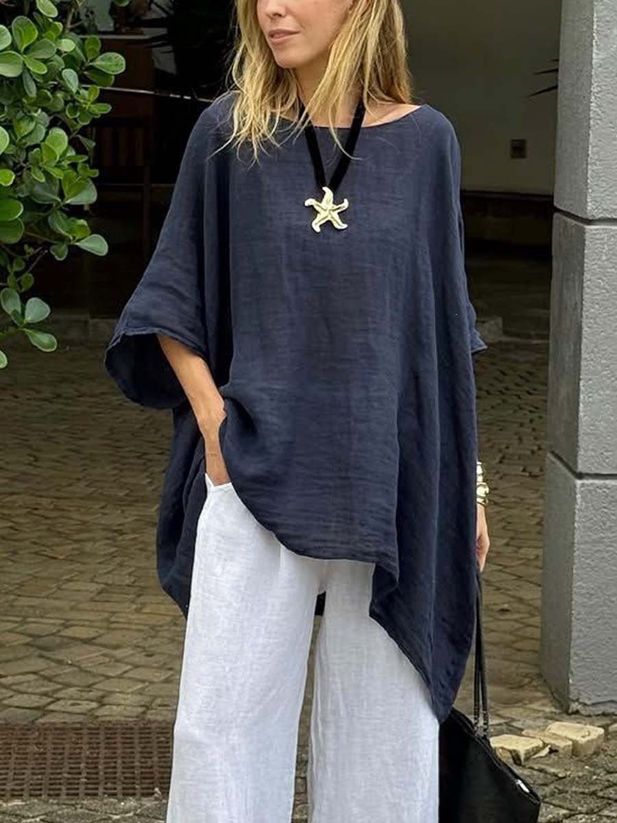European and American Women's Clothing Summer Amazon Solid Color Loose Round Neck Cotton-l