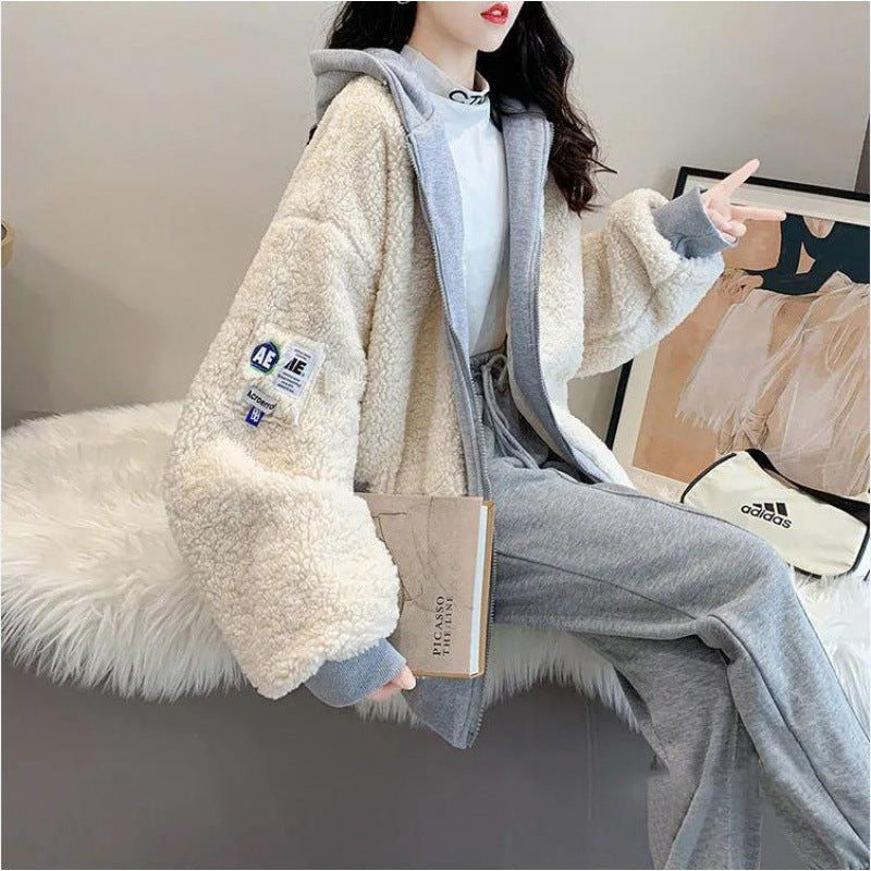Patchwork de style coréen à capuche à capuche en bloc de couleur Manteau pour femmes