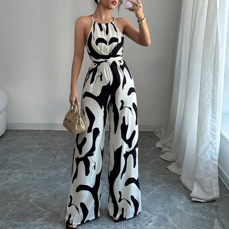 Commerce extérieur Halter Neck Jumpsuit Summer European and American Style Milk Pattern Tie-Up