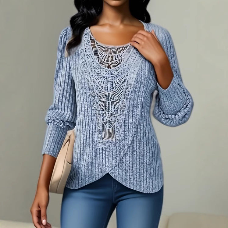 Autumn Solid-color Dentelle jumelée Col rond Top féminin à manches longues