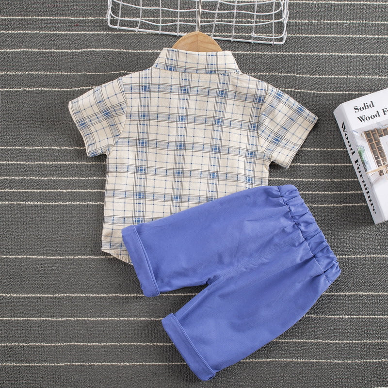 Gentlemans mode Plaid Tie Lapel Shirt and Shorts Ensemble à deux pièces