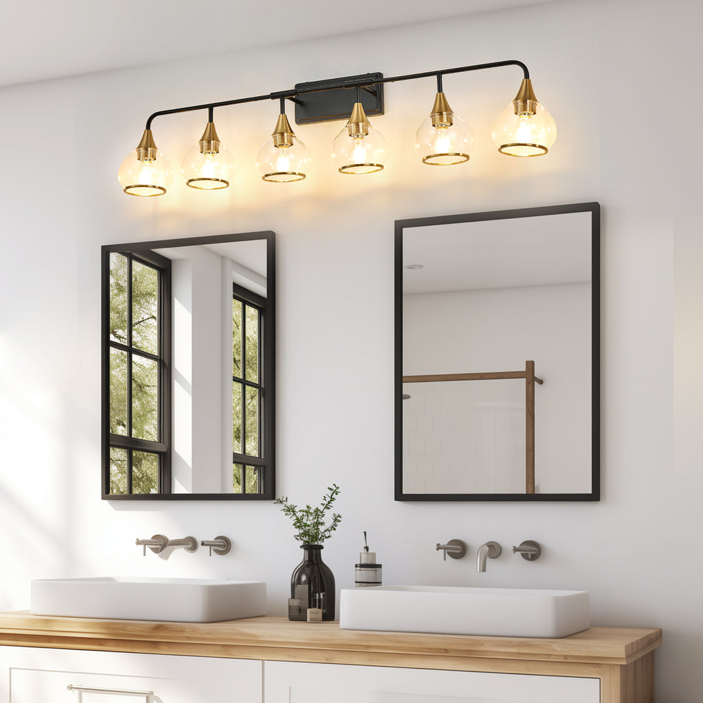 48" moderne 6 lumière Vanity Wall Sconce - Noir et or luminaire de salle de bains avec clair G