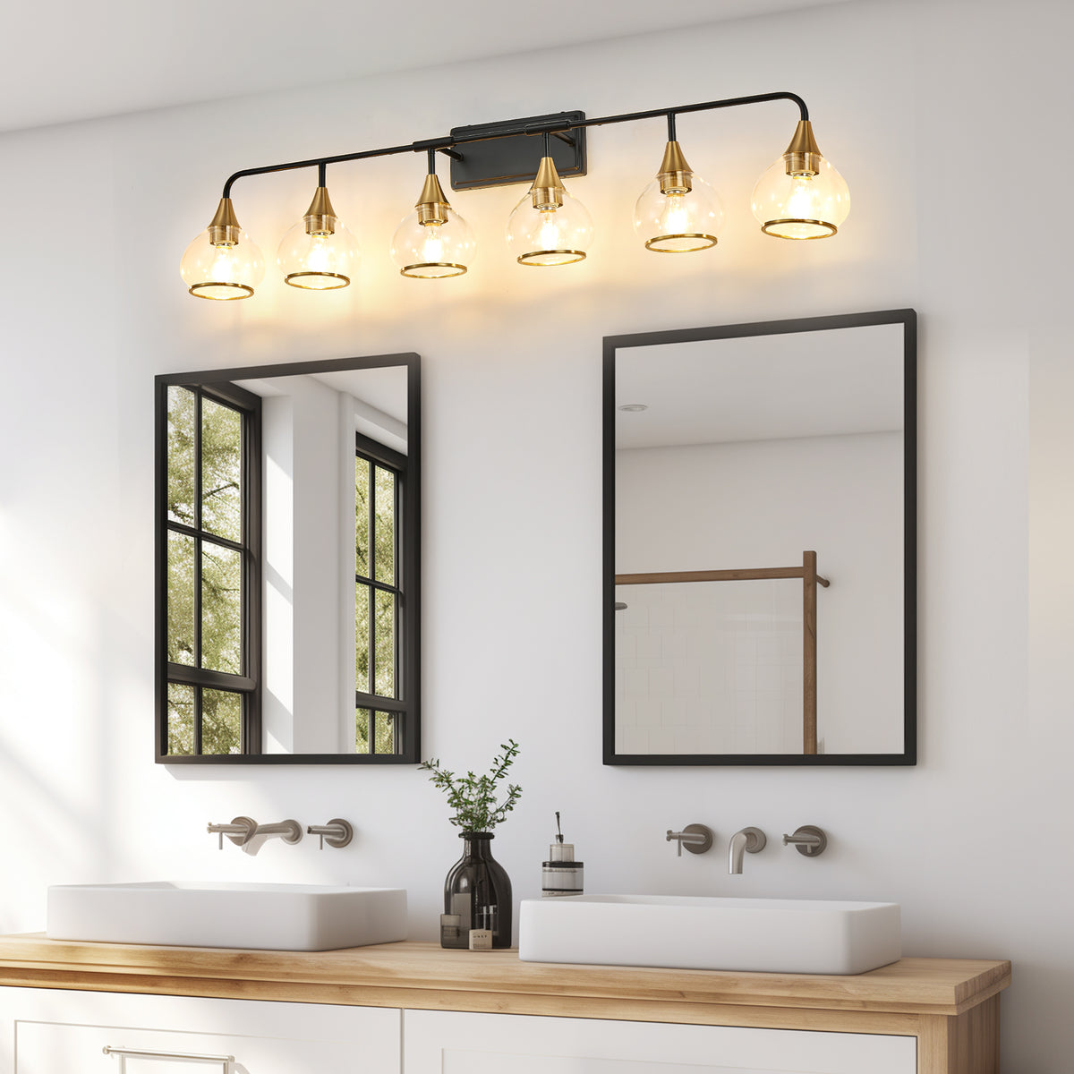 48" moderne 6 lumière Vanity Wall Sconce - Noir et or luminaire de salle de bains avec clair G