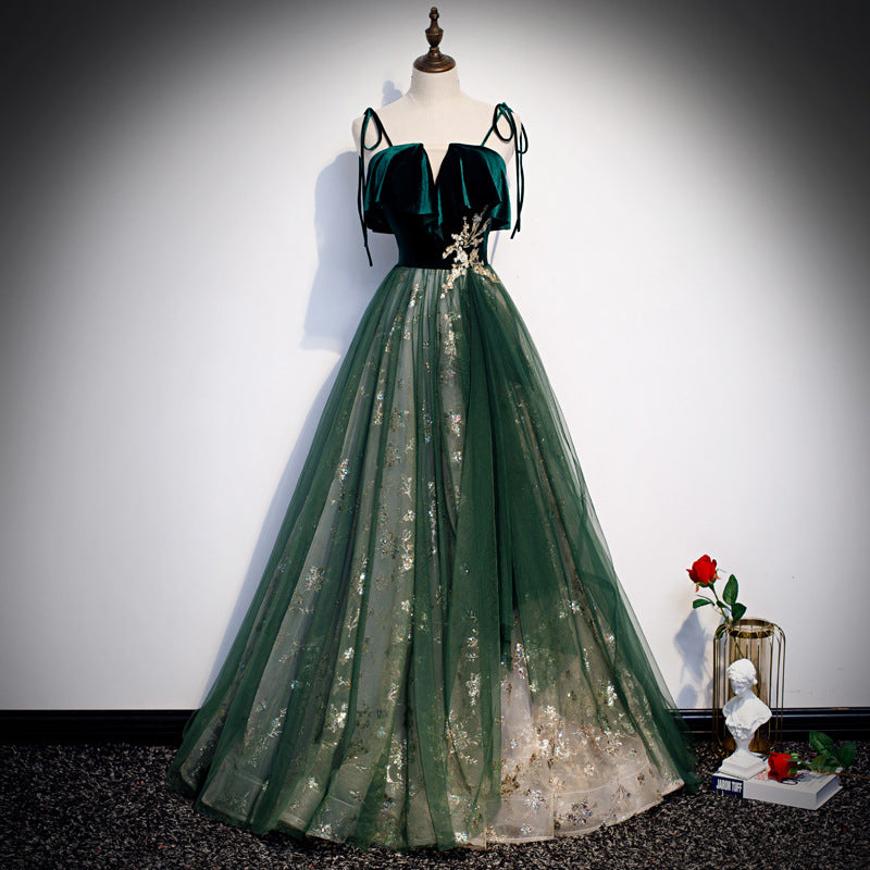 Banquet Sling Tempérament Robe longue Vert foncé Fantasy Mori