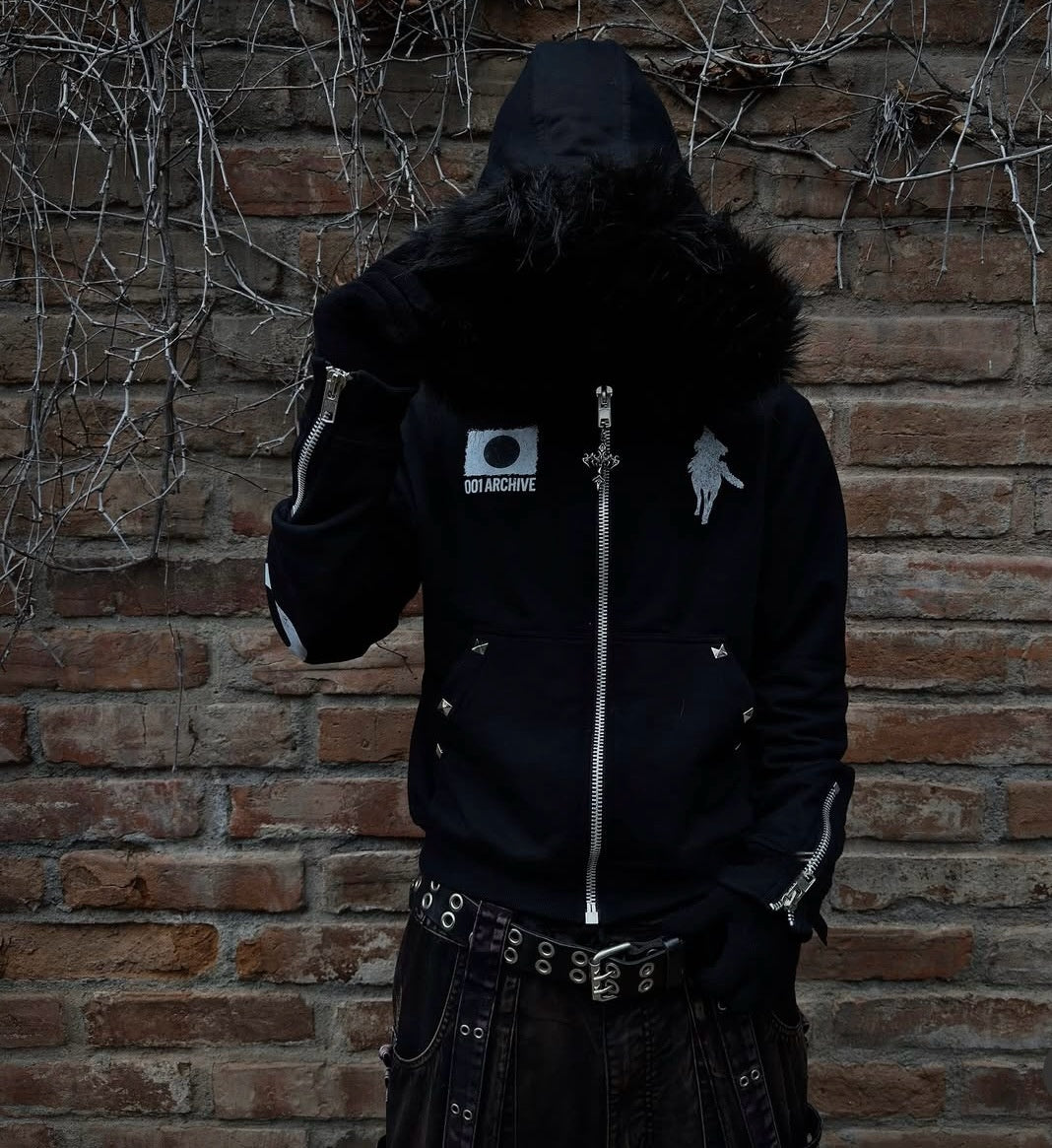 Letter-print Strass-Studed à capuche Loose-fit Zip-up Coat Pour Fallwinter Hip-hop Style