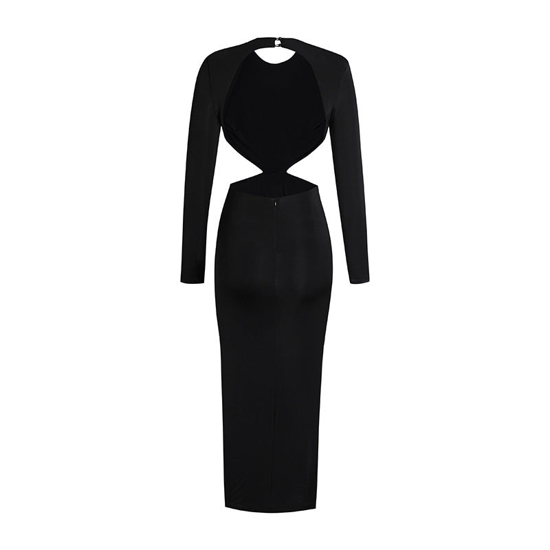 Sexy Backless Noir manches longues Hollow Flower Tassel Robe de décoration