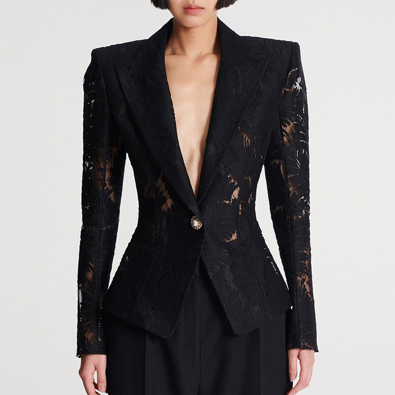 Veste de blazer broyée à simple bouton Sheer Leaf Jacquard