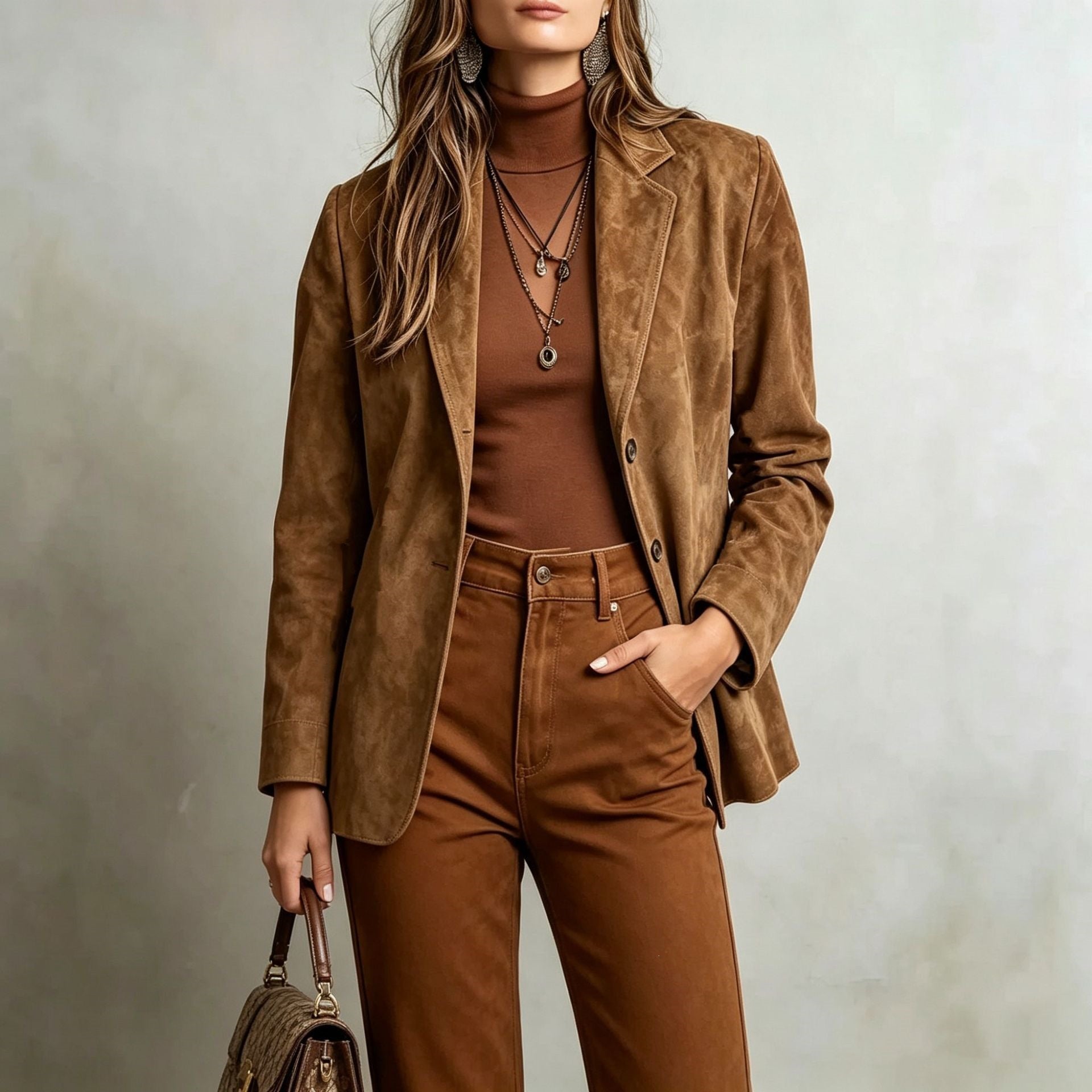Veste pour femme Vintage Faux Suede Veste à manches simples Elégant vêtements de dessus rétro
