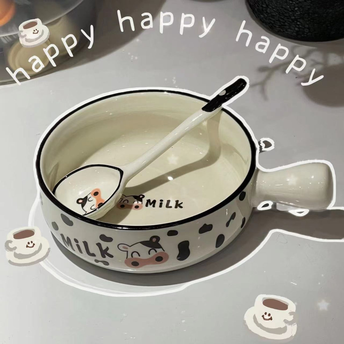 Céramique mignon Bowl Poignée de vache Bol Long Poignée Spoon