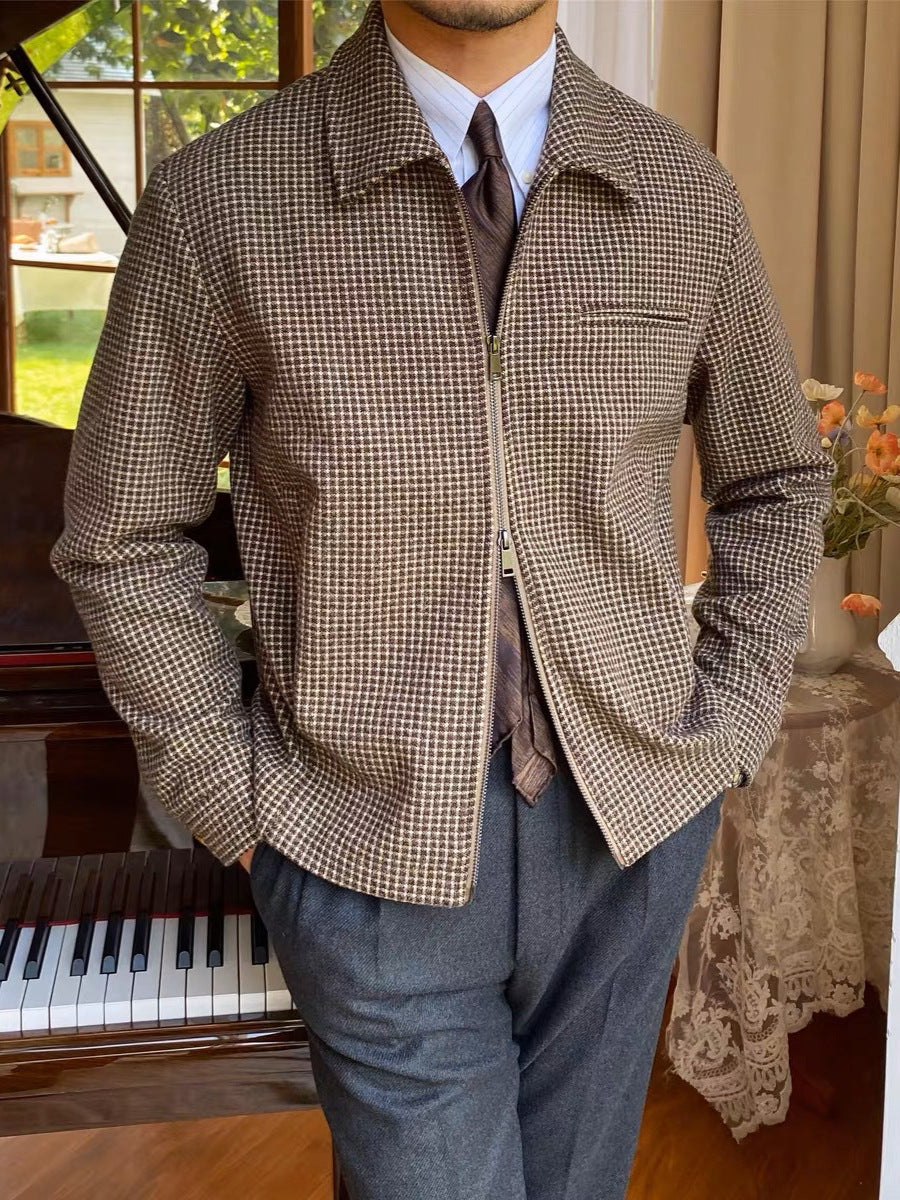 Retro Zipped Houndstooth Casual Coat Retro Lapel Casual Warm Jack à la main