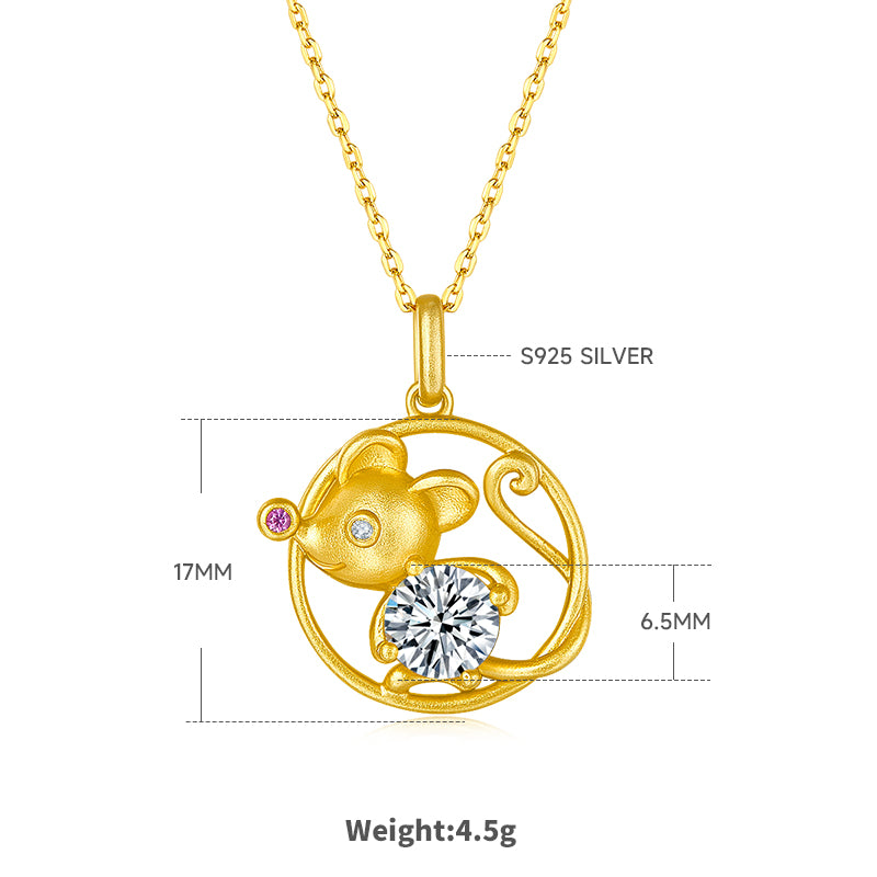 S925 Argent plaqué or 1ct D Couleur VVS1 Collier de rat de Moissanite 4,5g chinois zodiaque Benmi