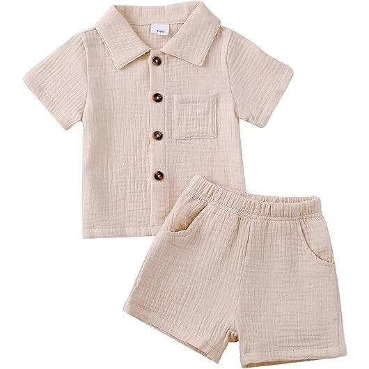 Bébé garçon coton-liné de couleur solide tissu texturé Collier à manches courtes supérieur élastique Wa