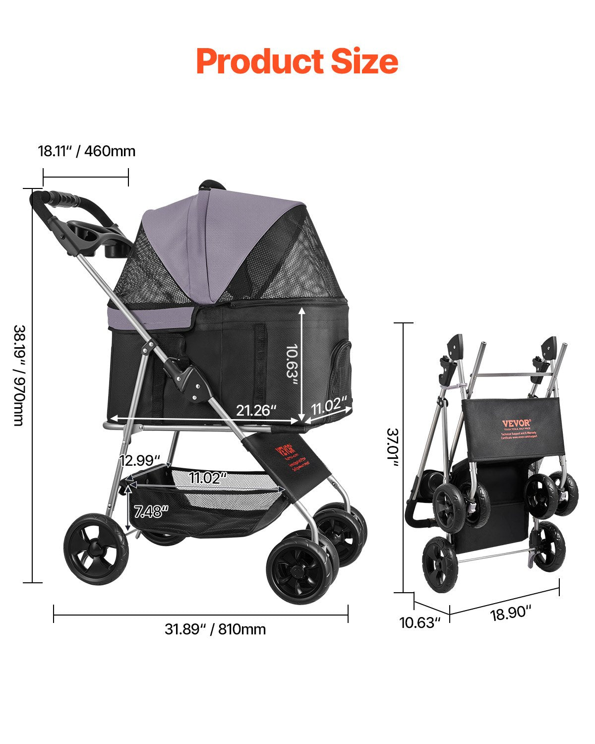 Poussette pour animaux de compagnie pliable 4 roues Poussette pour chiens Détaché jusqu'à 35 livres