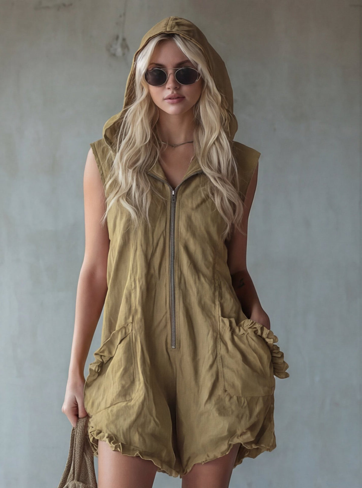 Style vintage Zip-up à capuche sans manches Linge de maison