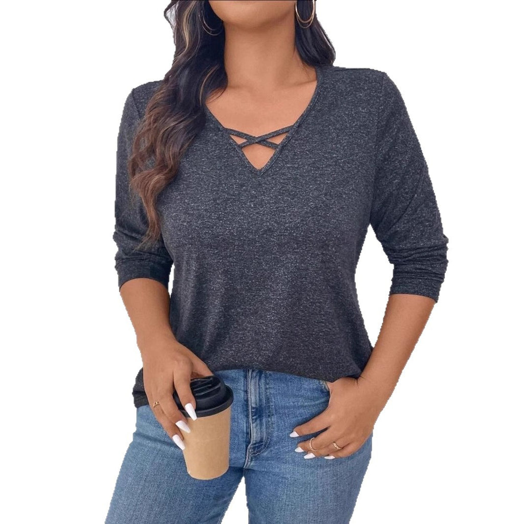 Top femme coton manches longues avec un col en V et un design croisé