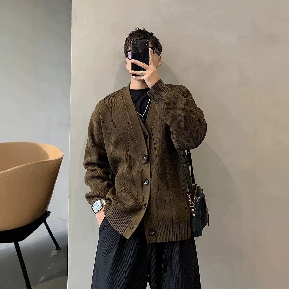 Automne Hiver Rétro Cardigan Hommes Veste tricotée Chandail