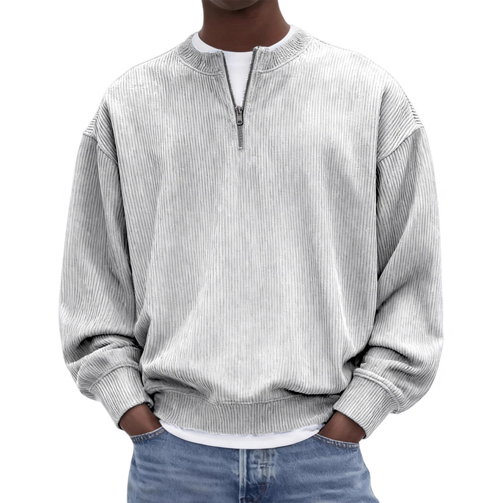 Casual hommes manches longues Corduroy Top avec un collier debout et une demi-zip