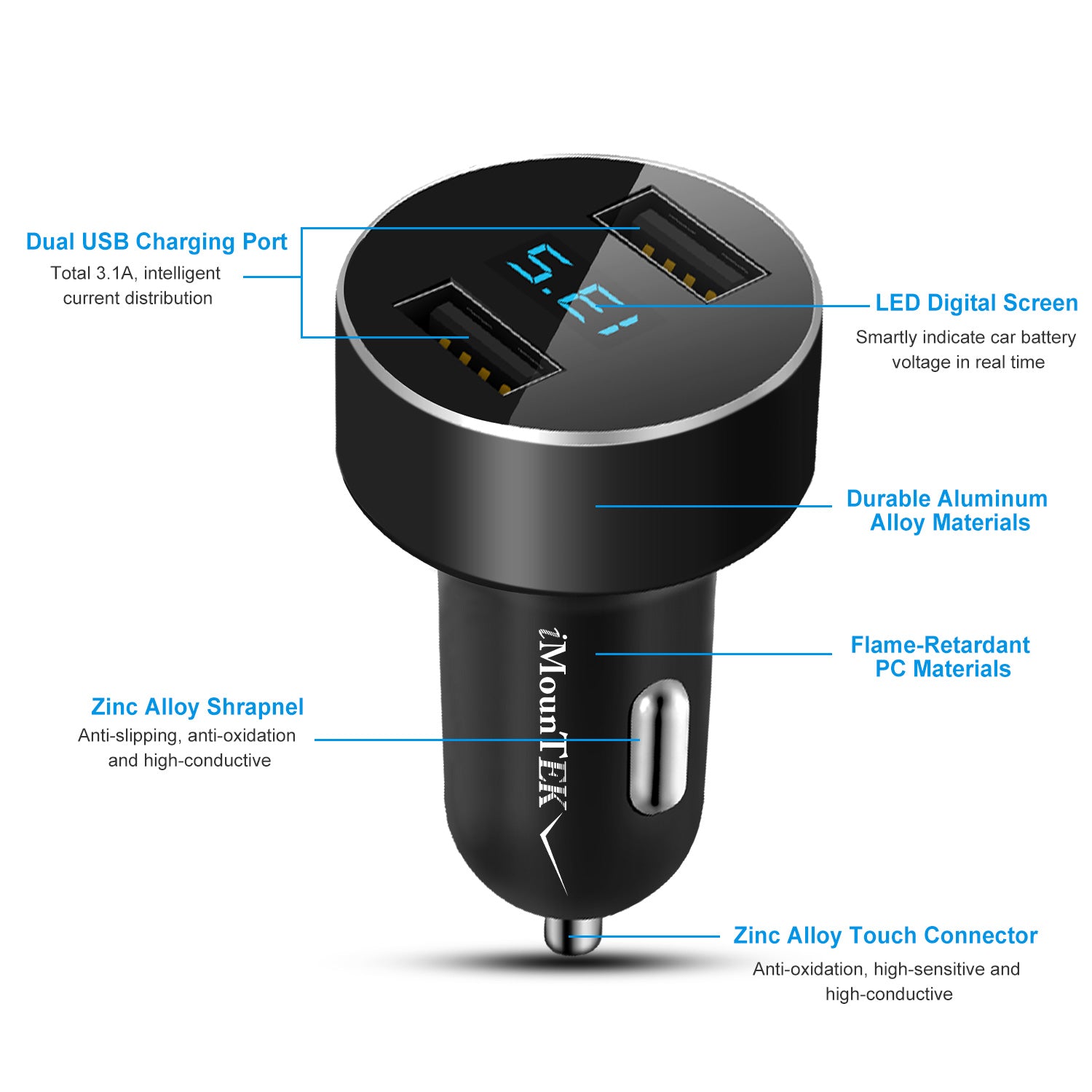 Universal 15W-3.1A Adaptateur de chargeur de voiture USB double alliage d'aluminium Adaptateur de charge rapide de voiture F