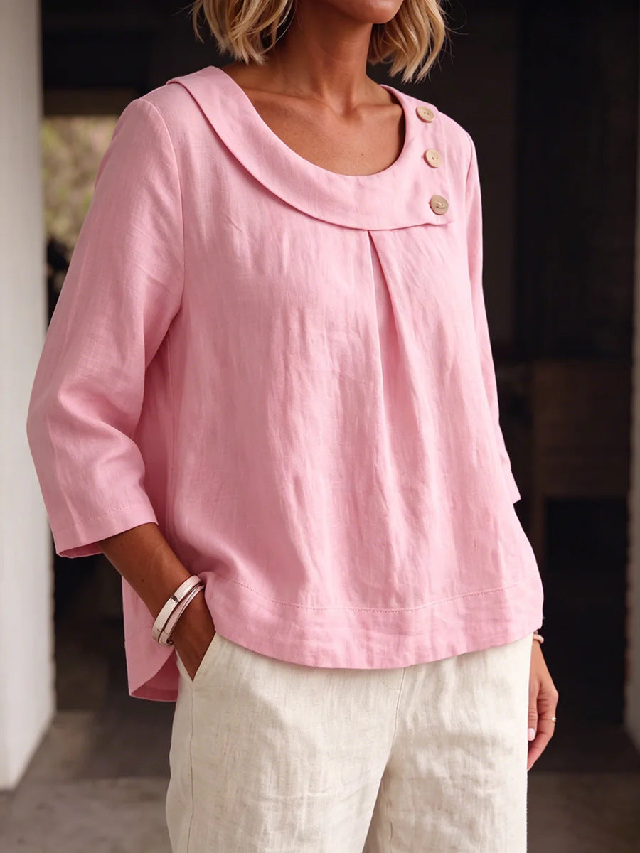European And American Amazon Cotton and Line Casual Elegant Workwear Round Neck Shirt Loo