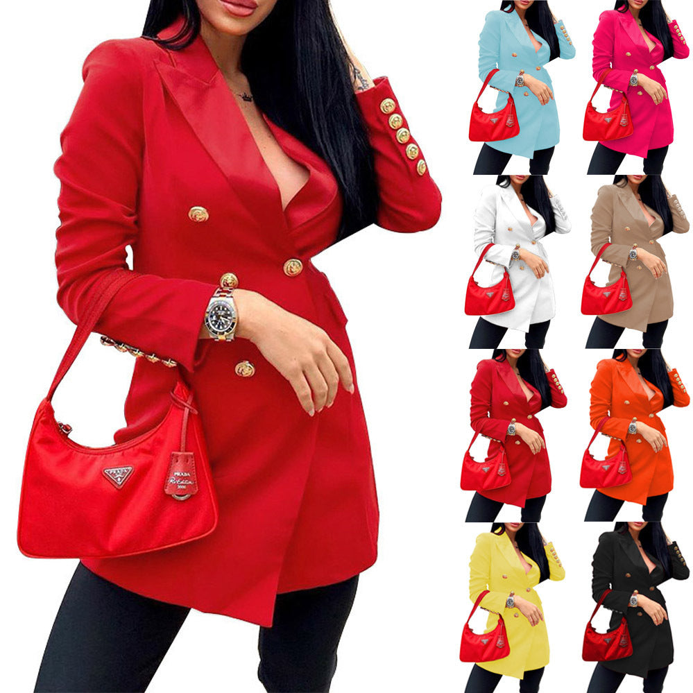 Automne Slim-fit manches longues Double-bras Midi Blazer