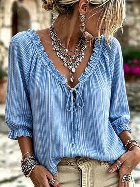 T-shirt V-Neck à manches rayées imprimé pour femmes