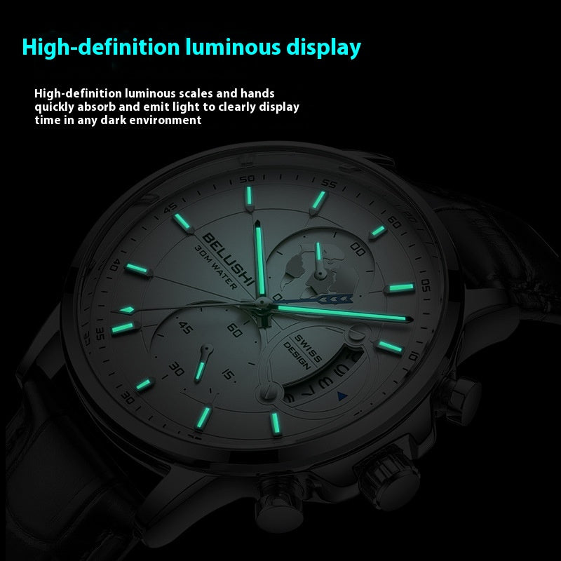 Bracelet d'acier de montre lumineuse en cuir à trois yeux d'affaires